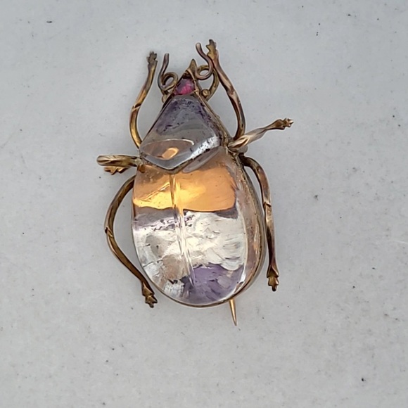 Antique Victorian Rock Crystal Quartz & Garnet Beetle Brooch